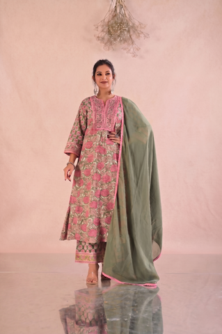 Floral Block Print  Anarkali Cotton Suit Set - Sage Green