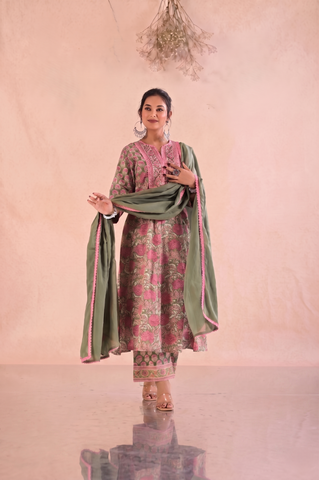 Floral Block Print  Anarkali Cotton Suit Set - Sage Green