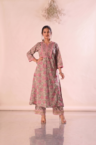 Floral Block Print  Anarkali Cotton Suit Set - Sage Green
