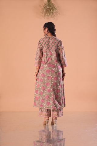 Floral Block Print  Anarkali Cotton Suit Set - Sage Green