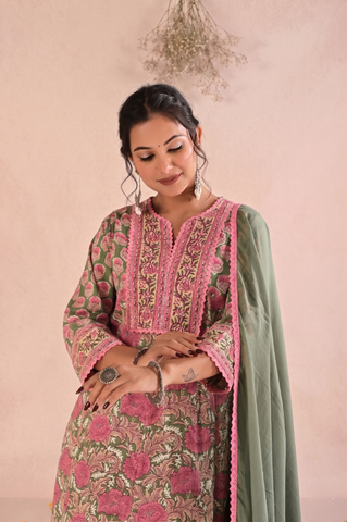 Floral Block Print  Anarkali Cotton Suit Set - Sage Green