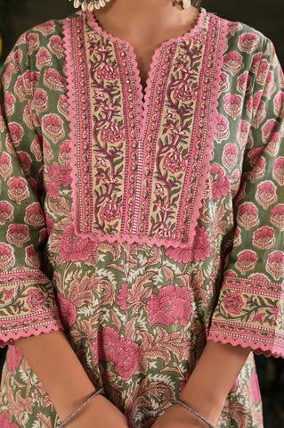 Floral Block Print  Anarkali Cotton Suit Set - Sage Green