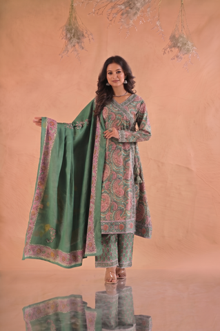 Paisley Hand Block Print Cotton Suit Set - Green