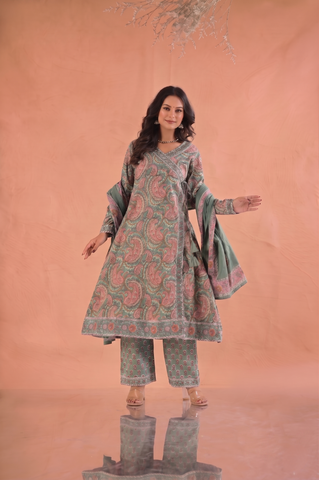 Paisley Hand Block Print Cotton Suit Set - Green