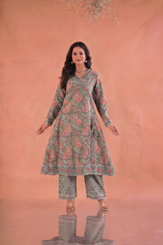 Paisley Hand Block Print Cotton Suit Set - Green