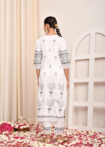 Solid Mirror Embroidered Straight Fit Kurta with Pant & Chiffon Dupatta - White