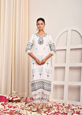 Solid Mirror Embroidered Straight Fit Kurta with Pant & Chiffon Dupatta - White