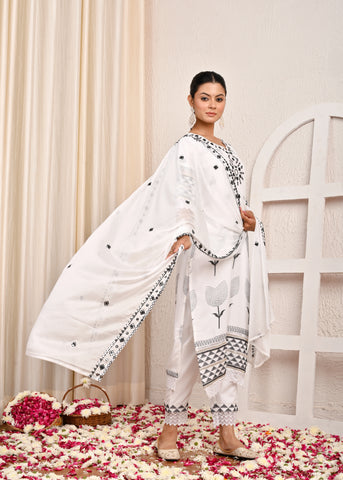 Solid Mirror Embroidered Straight Fit Kurta with Pant & Chiffon Dupatta - White
