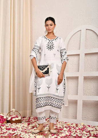 Solid Mirror Embroidered Straight Fit Kurta with Pant & Chiffon Dupatta - White