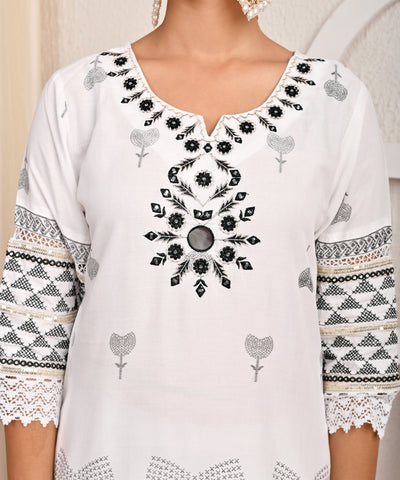Solid Mirror Embroidered Straight Fit Kurta with Pant & Chiffon Dupatta - White