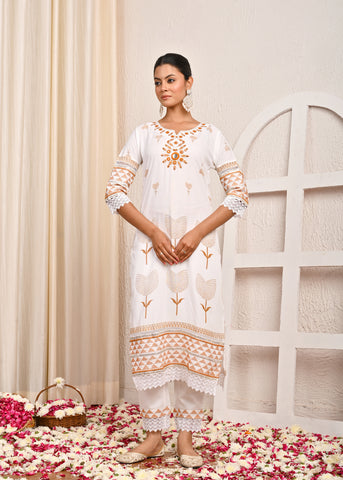 Solid Mirror Embroidered Straight Fit Kurta with Pant & Chiffon Dupatta - White