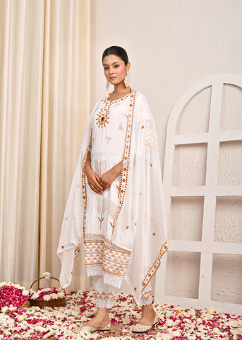 Solid Mirror Embroidered Straight Fit Kurta with Pant & Chiffon Dupatta - White