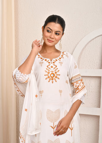 Solid Mirror Embroidered Straight Fit Kurta with Pant & Chiffon Dupatta - White