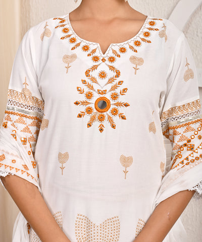 Solid Mirror Embroidered Straight Fit Kurta with Pant & Chiffon Dupatta - White