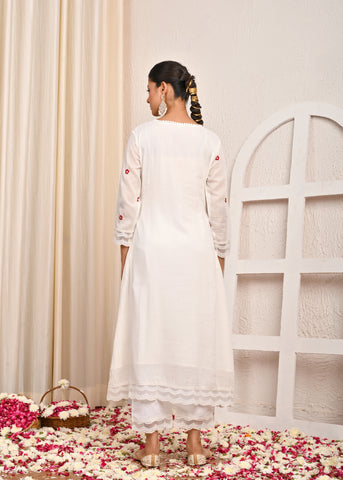 Red Floral Resham Embroidered A-Line Mulmul Kurta with Pant & Dupatta - White