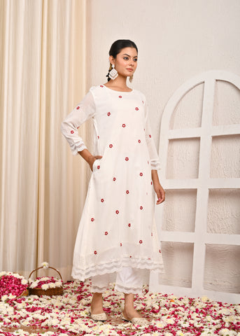 Red Floral Resham Embroidered A-Line Mulmul Kurta with Pant & Dupatta - White