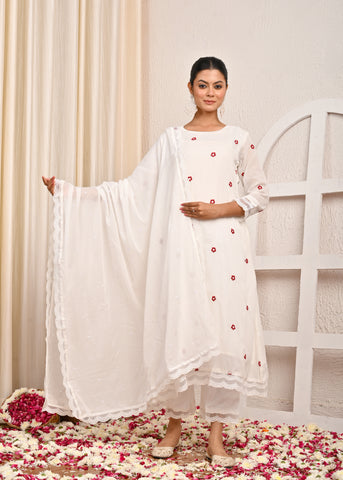 Red Floral Resham Embroidered A-Line Mulmul Kurta with Pant & Dupatta - White
