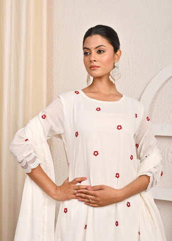Red Floral Resham Embroidered A-Line Mulmul Kurta with Pant & Dupatta - White
