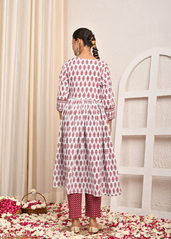Floral Printed Printed & Mirror Work A-Line Kurta with Pant & Pure Cotton Dupatta - White