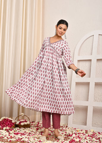Floral Printed Printed & Mirror Work A-Line Kurta with Pant & Pure Cotton Dupatta - White