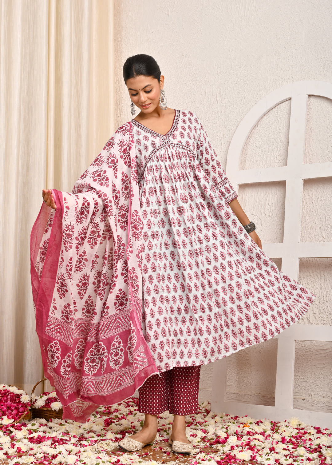 Floral Printed Printed & Mirror Work A-Line Kurta with Pant & Pure Cotton Dupatta - White