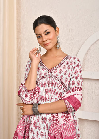 Floral Printed Printed & Mirror Work A-Line Kurta with Pant & Pure Cotton Dupatta - White