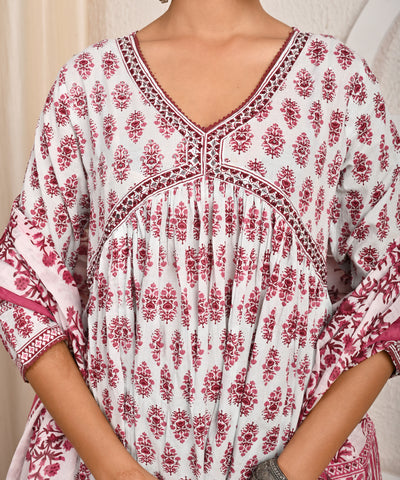 Floral Printed Printed & Mirror Work A-Line Kurta with Pant & Pure Cotton Dupatta - White