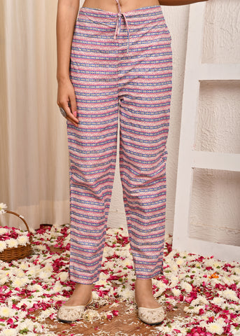Ethnic & Stripes Printed Straight Fit Kurta with Pant - Magenta