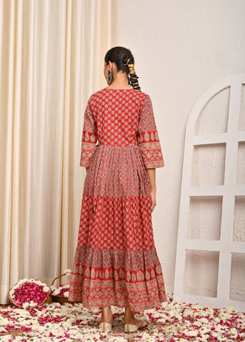 Ajrakh Printed & Hand Embroidered A-Line Tiered Flared Maxi Dress - Red