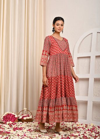 Ajrakh Printed & Hand Embroidered A-Line Tiered Flared Maxi Dress - Red