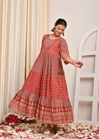 Ajrakh Printed & Hand Embroidered A-Line Tiered Flared Maxi Dress - Red