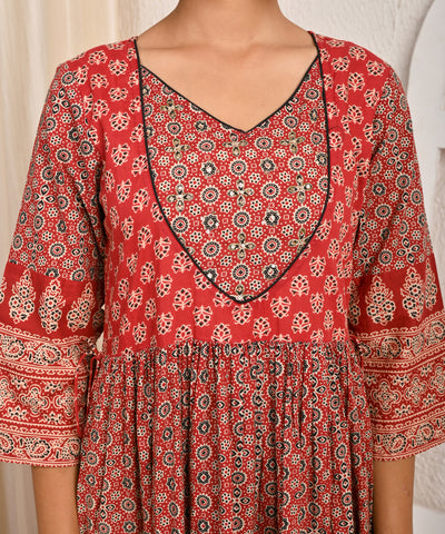 Ajrakh Printed & Hand Embroidered A-Line Tiered Flared Maxi Dress - Red