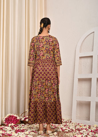 Floral Printed & Hand Embroidered A-Line Tiered Flared Maxi Dress - Burgundy