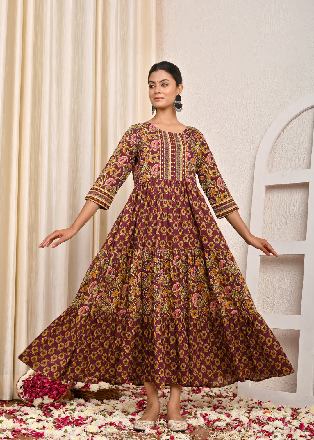 Floral Printed & Hand Embroidered A-Line Tiered Flared Maxi Dress - Burgundy