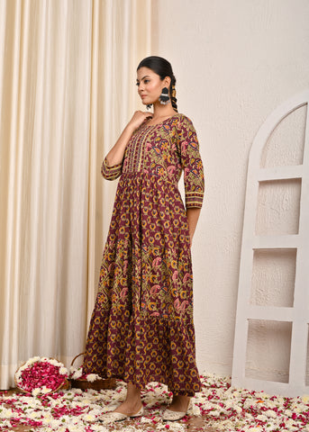 Floral Printed & Hand Embroidered A-Line Tiered Flared Maxi Dress - Burgundy