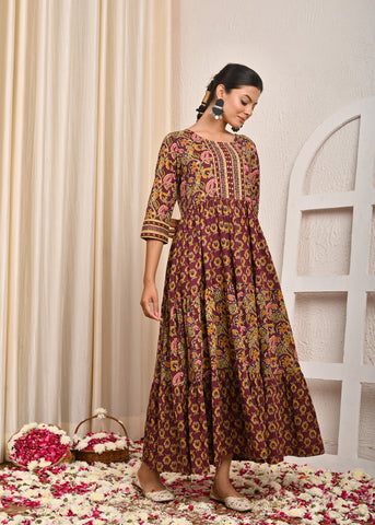Floral Printed & Hand Embroidered A-Line Tiered Flared Maxi Dress - Burgundy