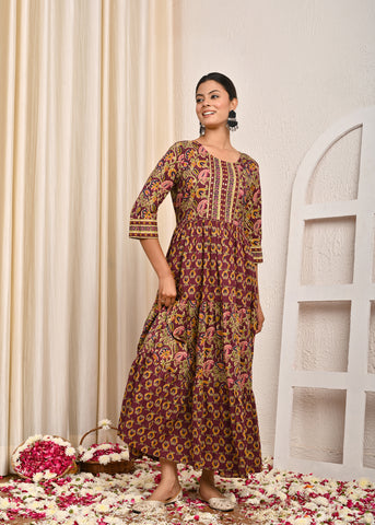 Floral Printed & Hand Embroidered A-Line Tiered Flared Maxi Dress - Burgundy