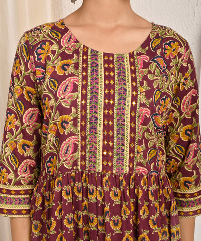 Floral Printed & Hand Embroidered A-Line Tiered Flared Maxi Dress - Burgundy