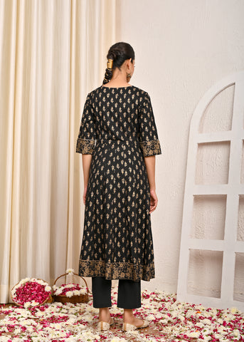 Ethnic Floral Printed Foil Printed & Embroidered Anarkali Kurta - Black