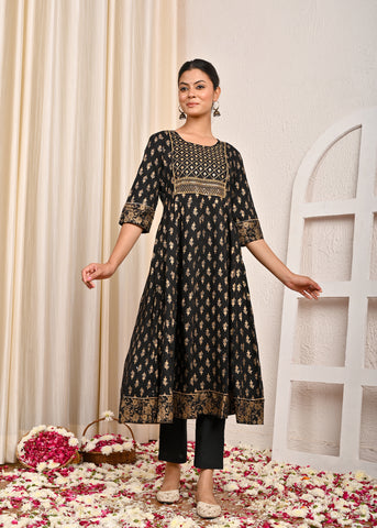 Ethnic Floral Printed Foil Printed & Embroidered Anarkali Kurta - Black