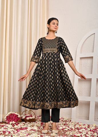 Ethnic Floral Printed Foil Printed & Embroidered Anarkali Kurta - Black