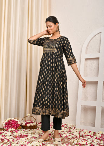 Ethnic Floral Printed Foil Printed & Embroidered Anarkali Kurta - Black
