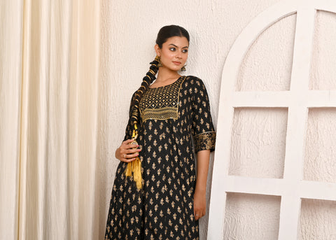 Ethnic Floral Printed Foil Printed & Embroidered Anarkali Kurta - Black