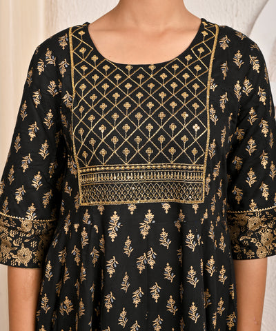 Ethnic Floral Printed Foil Printed & Embroidered Anarkali Kurta - Black