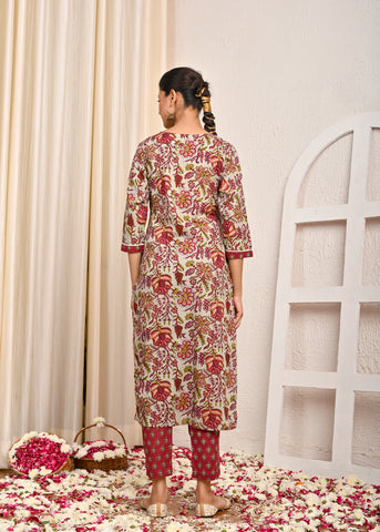 Floral Printed Straight Fit Cotton Kurta with Pant & Dupatta - Grey