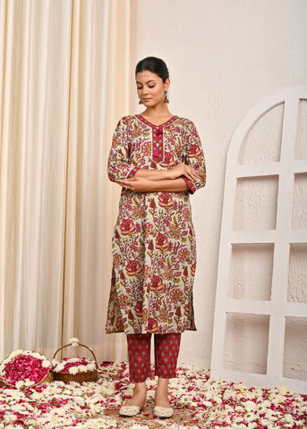 Floral Printed Straight Fit Cotton Kurta with Pant & Dupatta - Grey