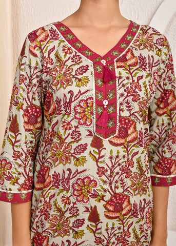 Floral Printed Straight Fit Cotton Kurta with Pant & Dupatta - Grey