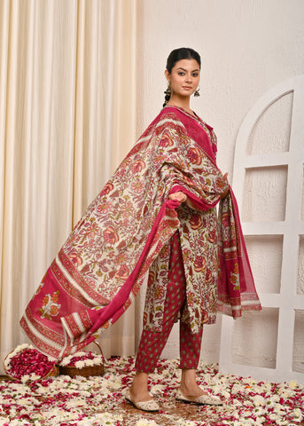 Floral Printed Straight Fit Cotton Kurta with Pant & Dupatta - Grey