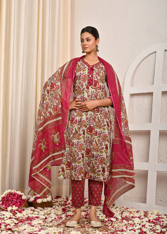 Floral Printed Straight Fit Cotton Kurta with Pant & Dupatta - Grey
