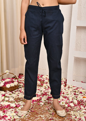 Solid Ethnic Mirror Work Embroidered A-Line Kurta with Pant - Navy Blue